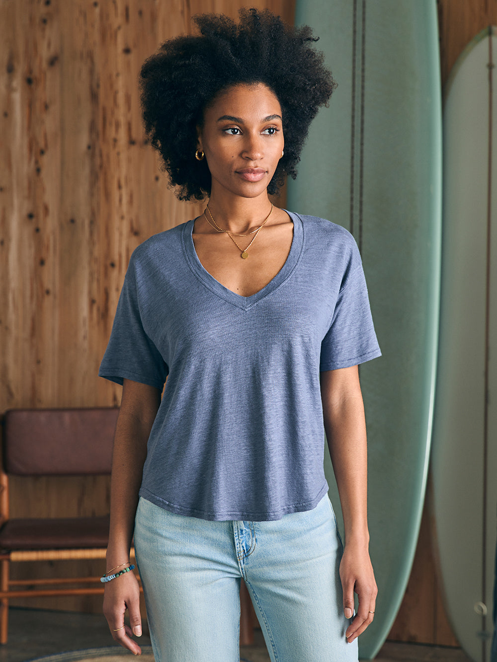 Womens - Linen V Neck Tee | Folkstone