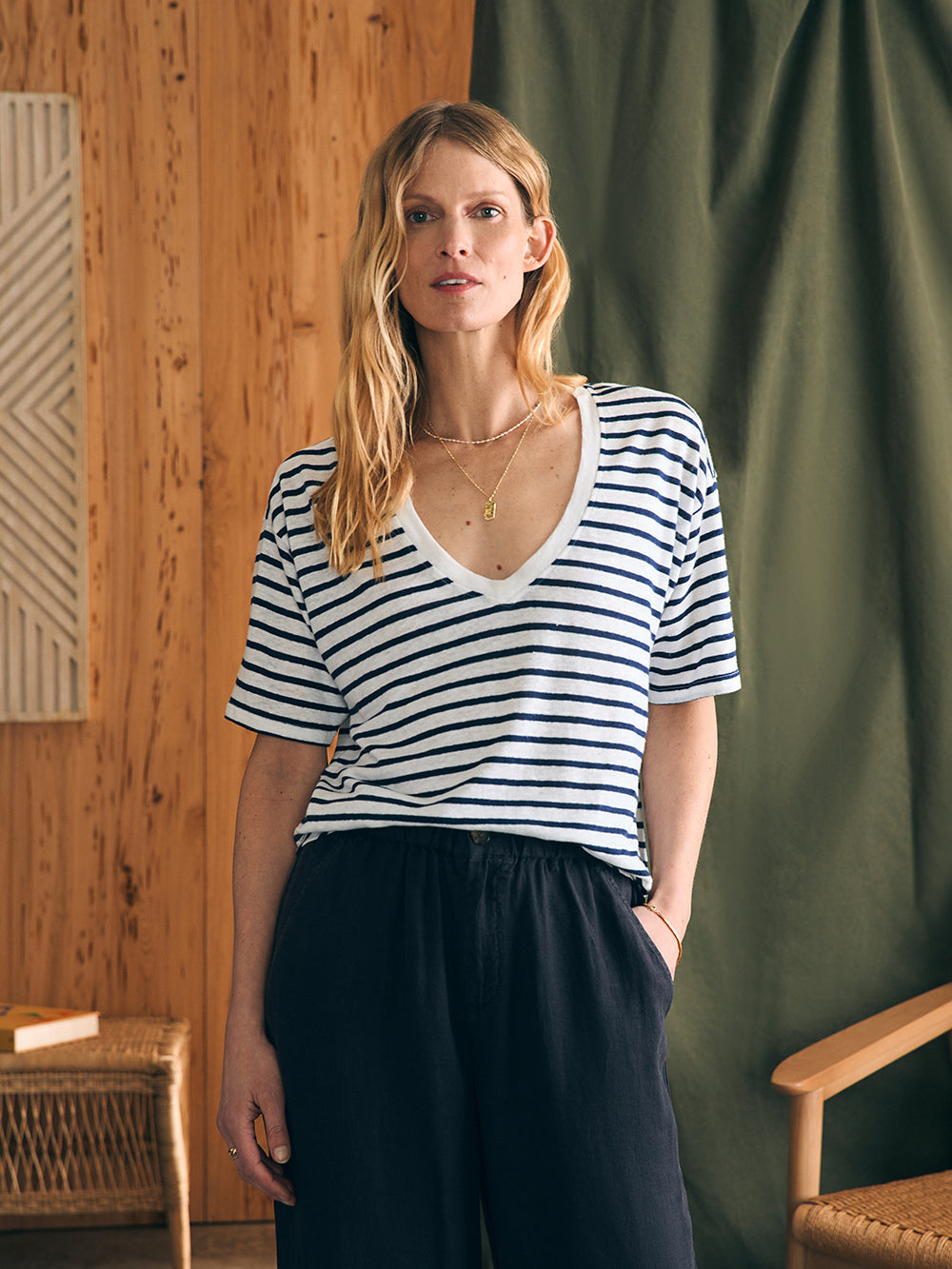 Womens - Linen V Neck Tee | Ahoy Stripe