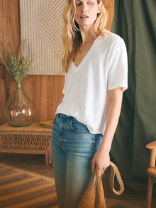 Womens - Linen V Neck Tee | White