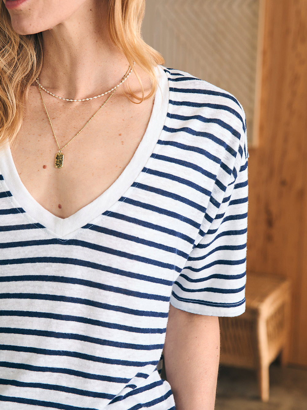 Womens - Linen V Neck Tee | Ahoy Stripe