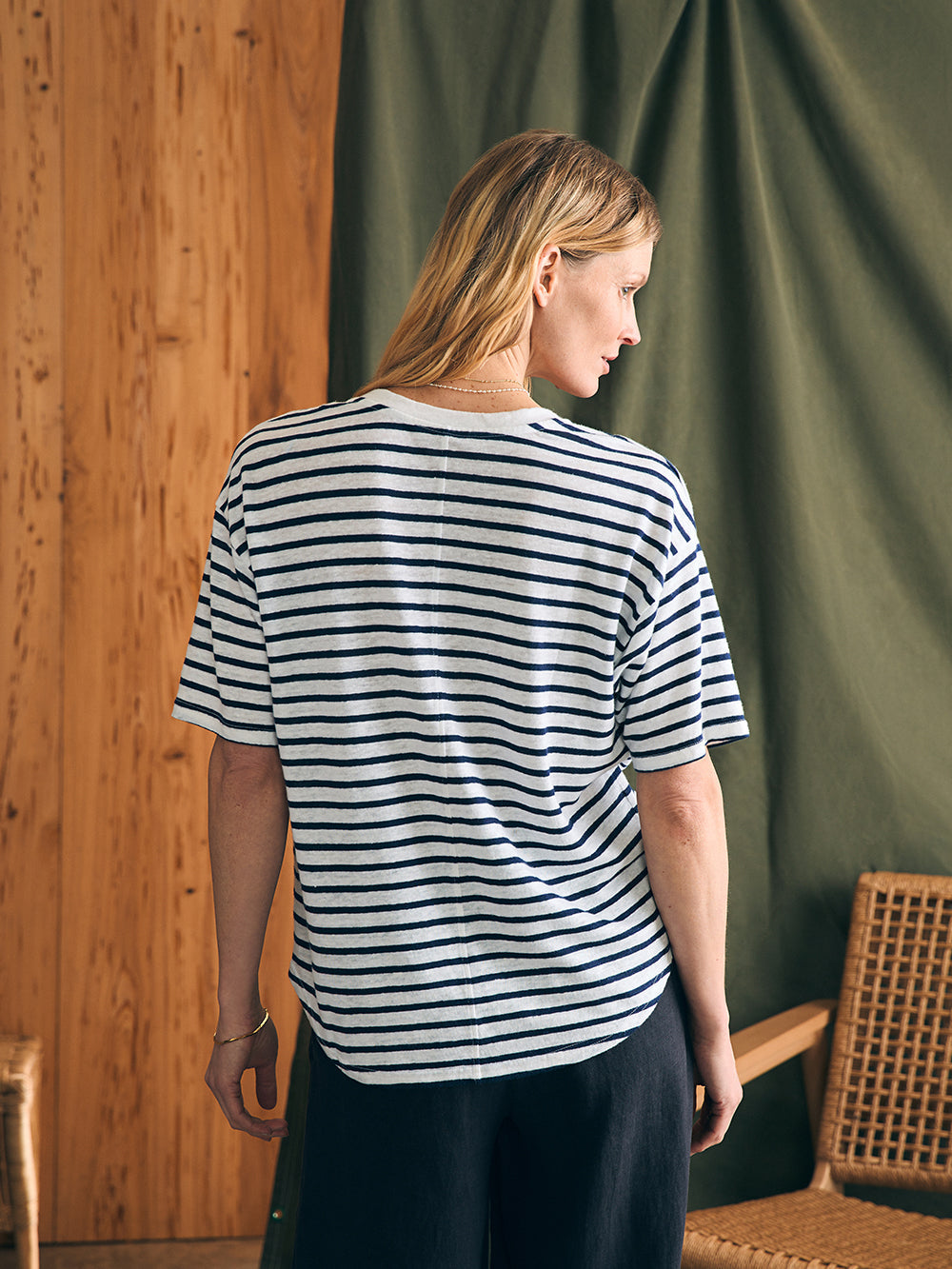 Womens - Linen V Neck Tee | Ahoy Stripe