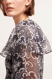 Rochelle Fleur Ruffle Silk Dress | Rochelle Fleur Navy Combo