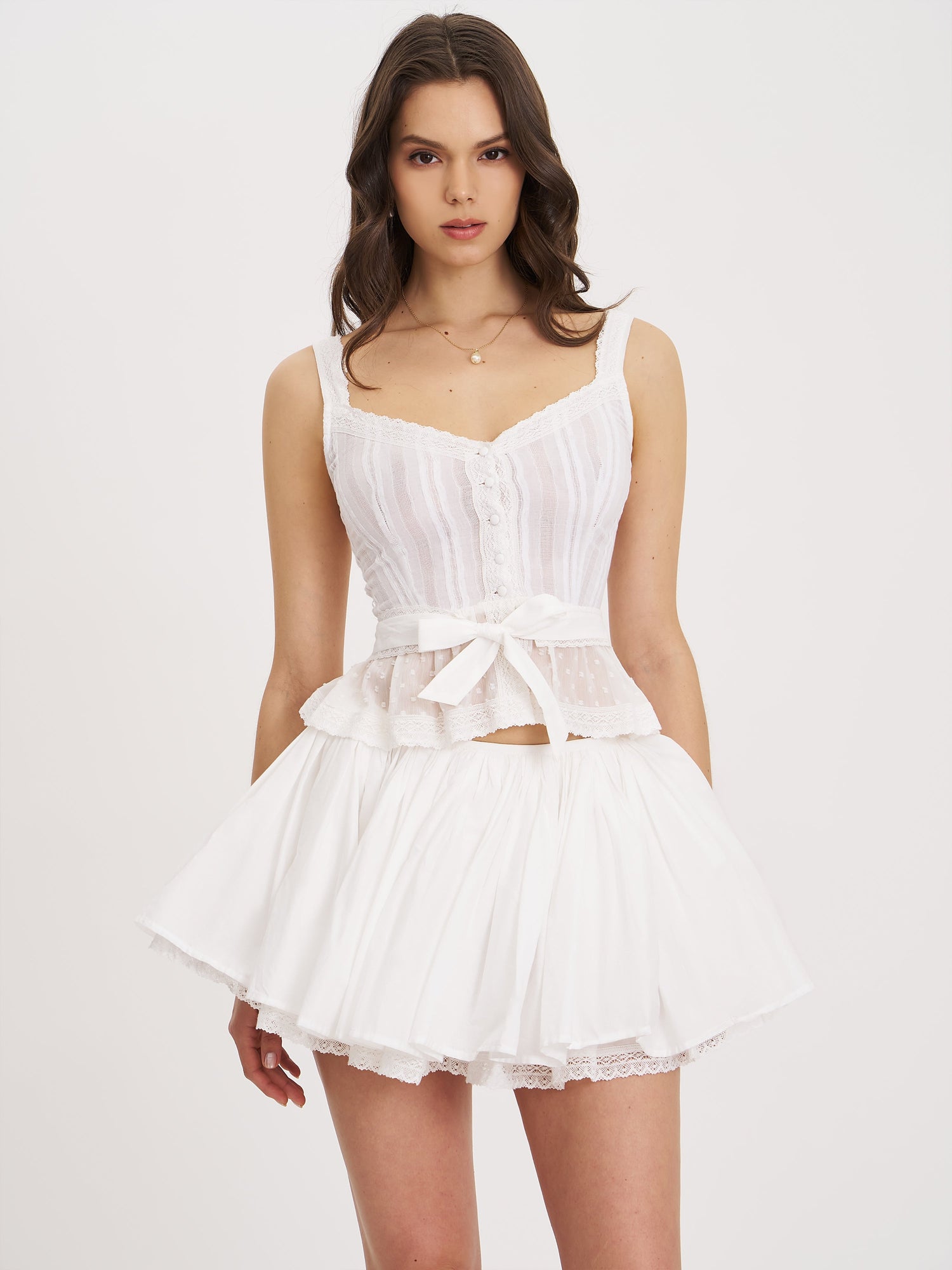 Aliza Cotton Poplin Lace Trim Layered Mini Skirt | White