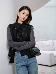 Wool Embroidered Stand Collar Vest | Black