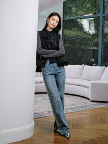 Wool Embroidered Stand Collar Vest | Black