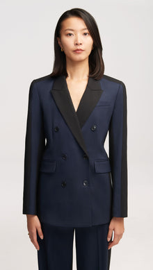 Colorblocked Double-Breasted Blazer in Seasonless Wool | Midnight/Black