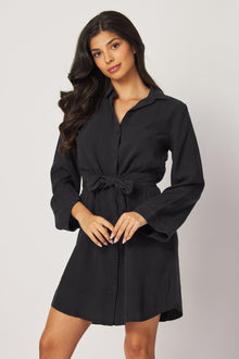 Mini Shirt Dress W/ Smocked Back - Vintage Black