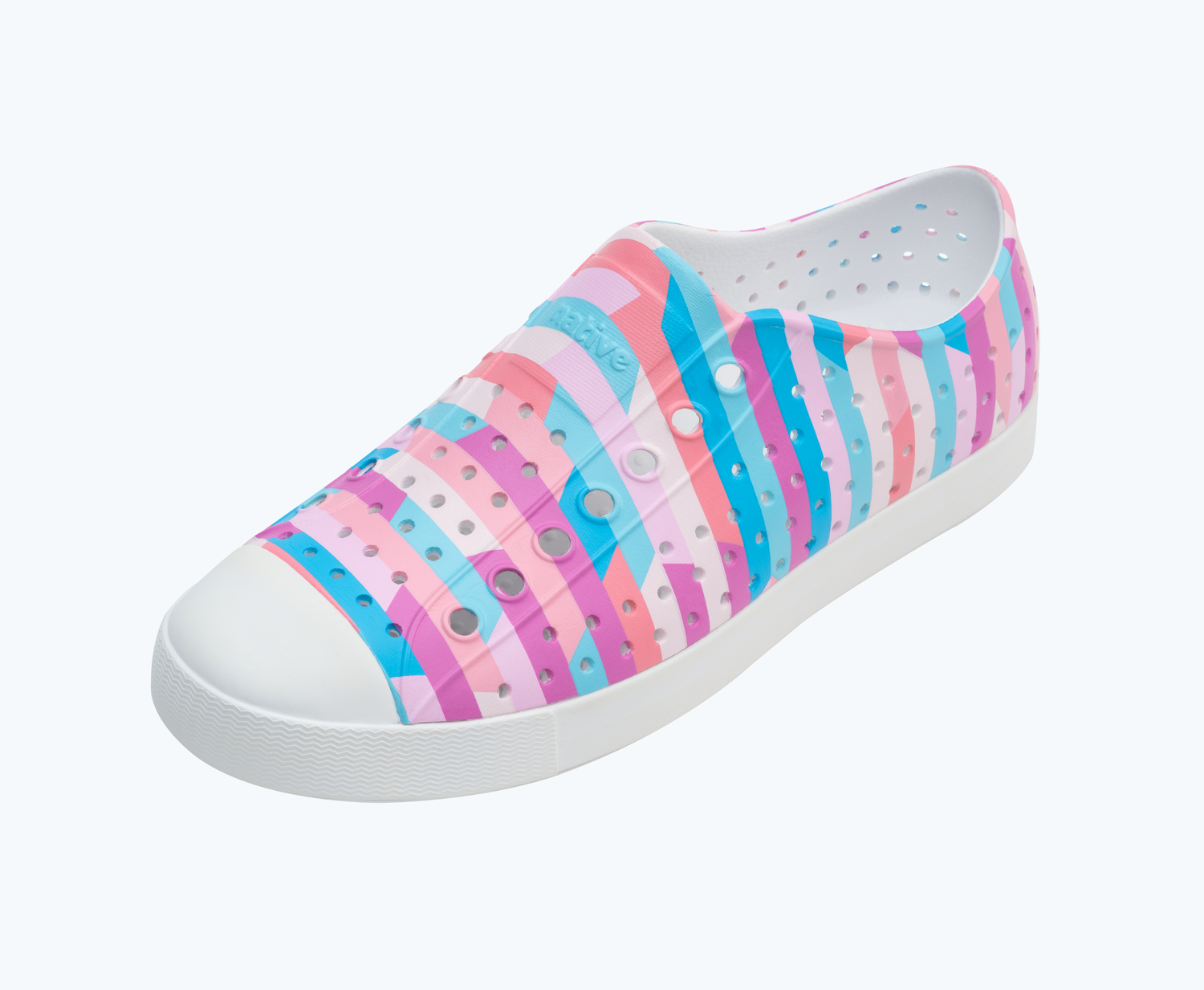 Angled view of a Native Shoes Jefferson Print | Shell White/ Shell White/ Pastel Multi Stripe 2 Footwear