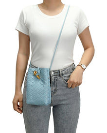 Tiffany & Fred Paris | Unisex | Handwoven Leather Mini Bucket Bag | Blue