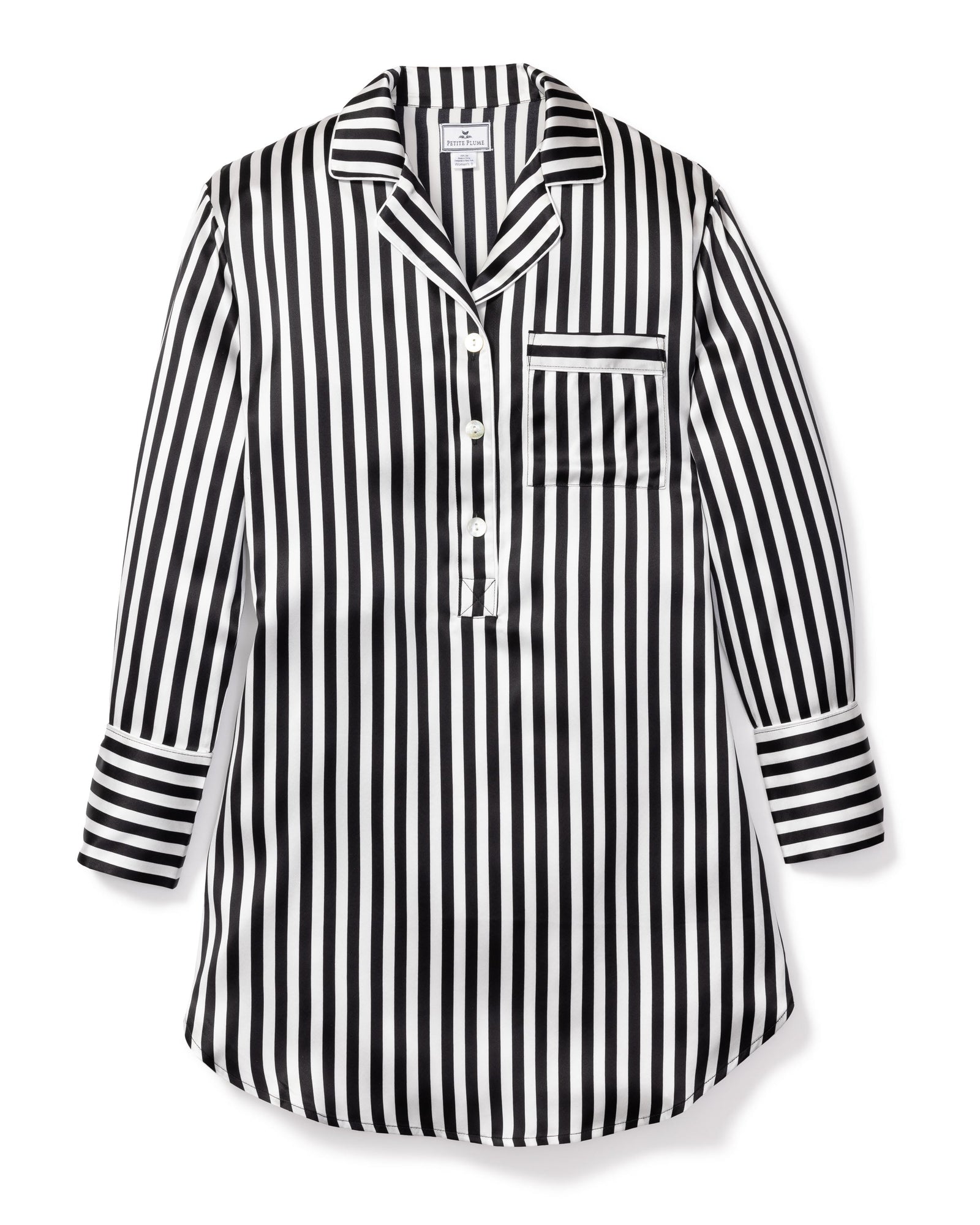 The Womens Silk Nightshirt in Black and White Bengal Stripe by Petite Plume, from the Cabaret Collection, features luxurious Mulberry silk, a collar, partial button placket, chest pocket, and cuffed sleeves. Laid flat on white background.