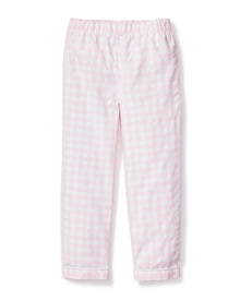 Petite Plumes Kids Twill Pajama Pants in Pink Gingham, made from yarn-dyed cotton, feature an elastic waistband and straight legs, displayed on a white background.