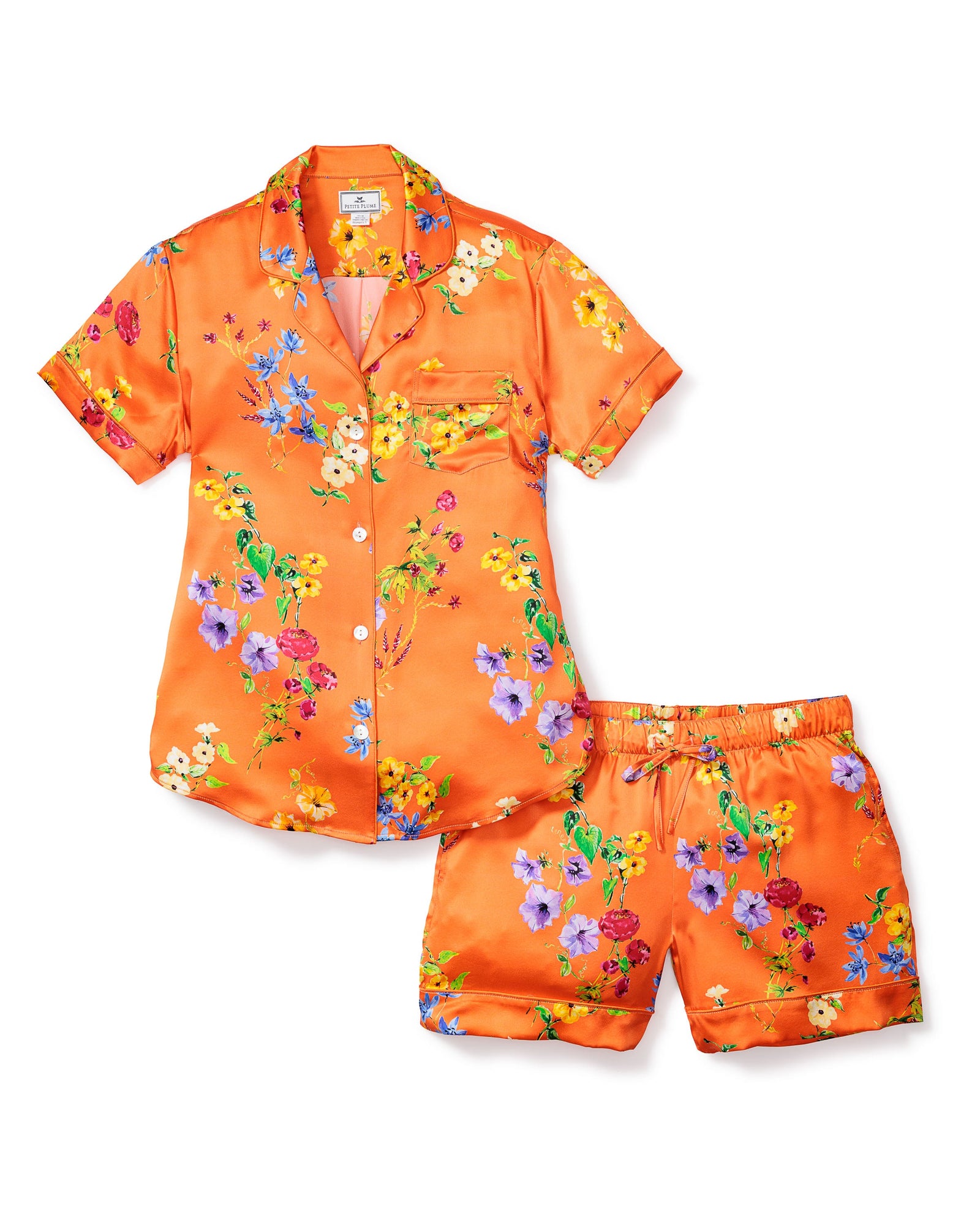 Women's Silk Pajama Short Set | Tangerine Brilliant Botanical