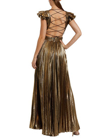 Mac Duggal | Womens | Ruffle Sleeve Cutout Pleated Metallic Gown | Yellow
