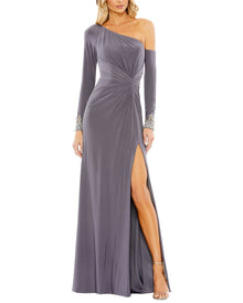 Mac Duggal | Womens | Side Twist Drop Shoulder Beaded Cuff Gown | gray