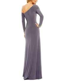 Mac Duggal | Womens | Side Twist Drop Shoulder Beaded Cuff Gown | gray
