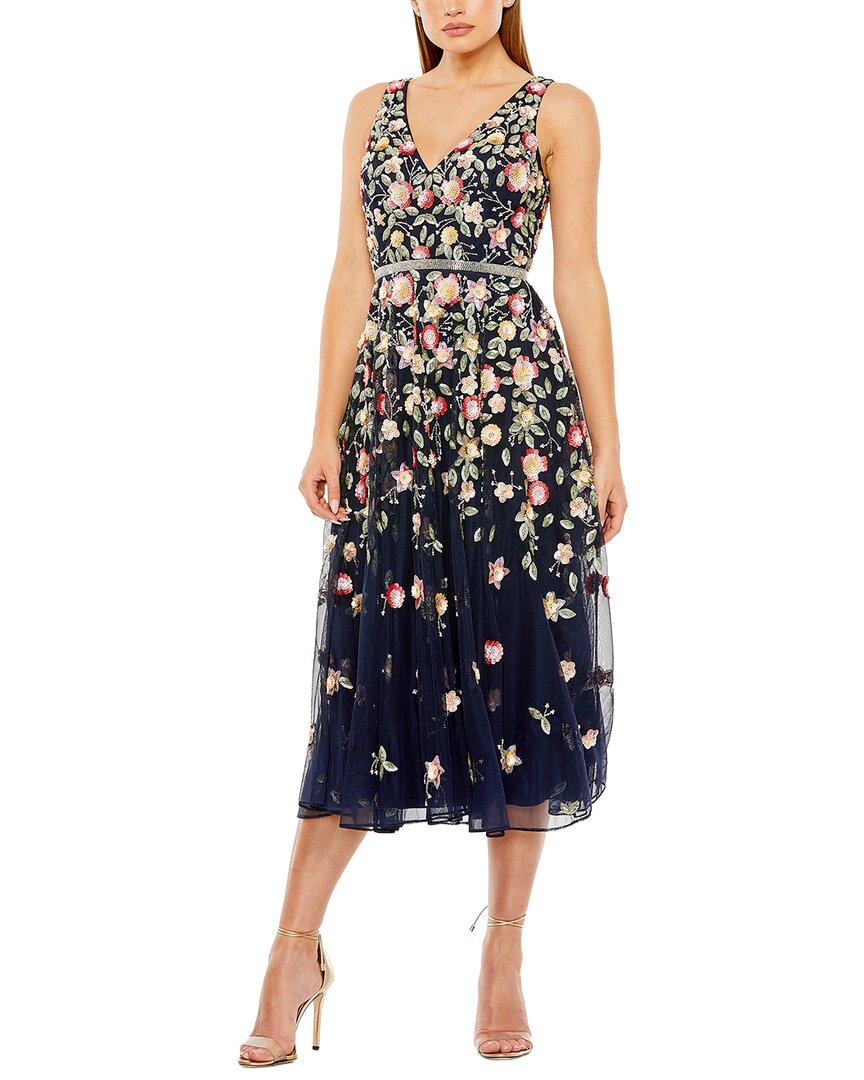 Mac Duggal | Womens | Embroidered Mesh V-Neck Sleeveless Midi Dress | black multi