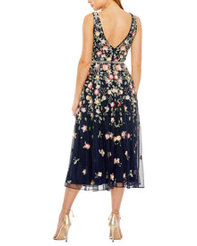 Mac Duggal | Womens | Embroidered Mesh V-Neck Sleeveless Midi Dress | black multi