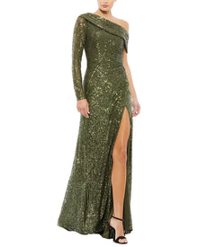 Mac Duggal | Womens | Sequined Drop Shoulder Faux Wrap Gown | Green