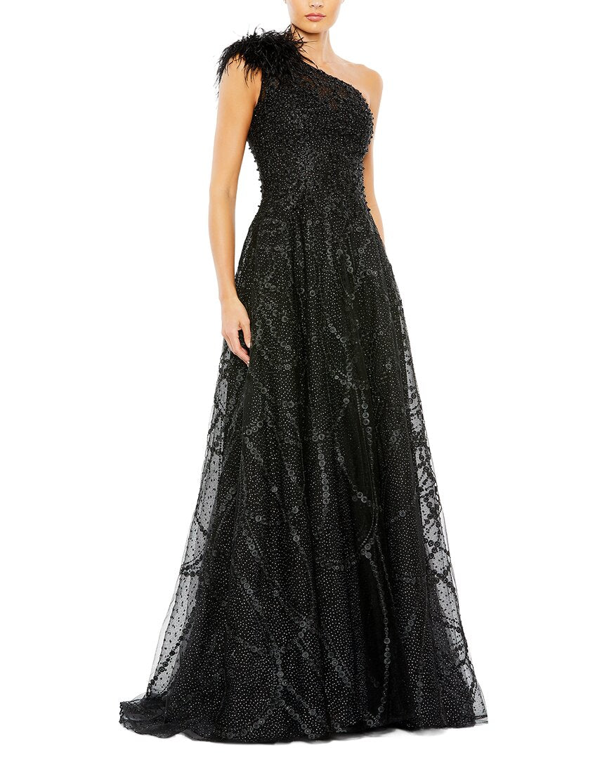 Mac Duggal | Womens | Embellished One Shoulder A Line Gown | Black
