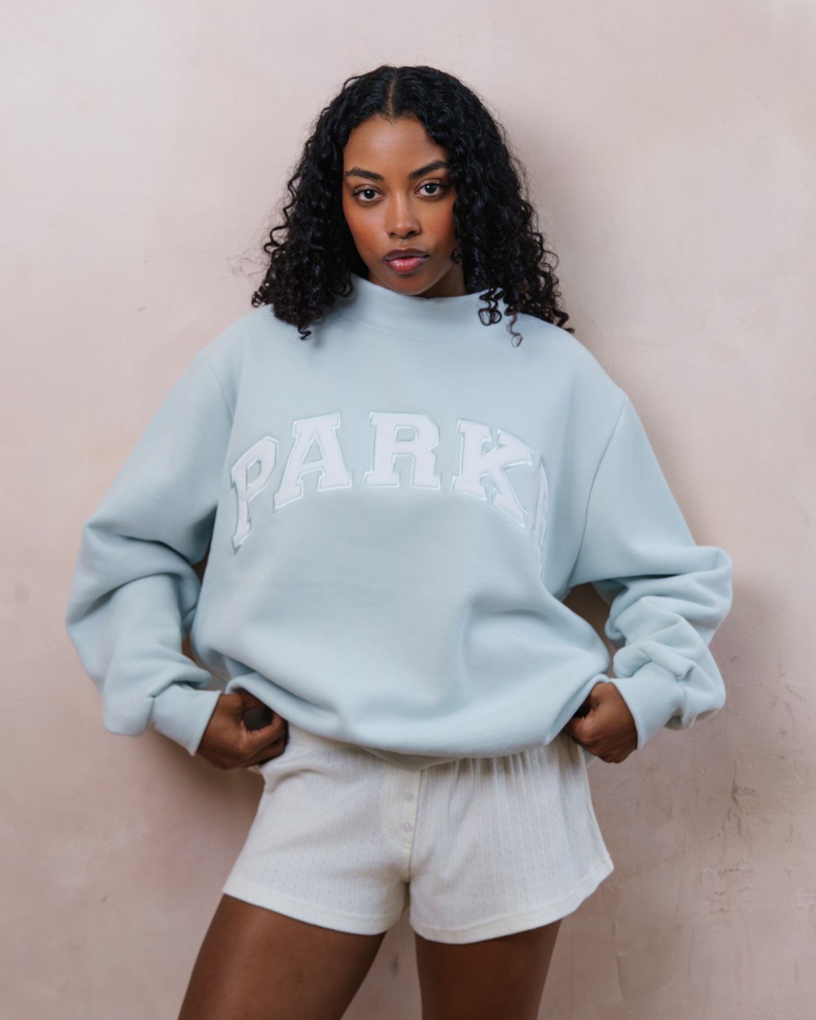 Bridal Varsity Mockneck | Pale Blue/White