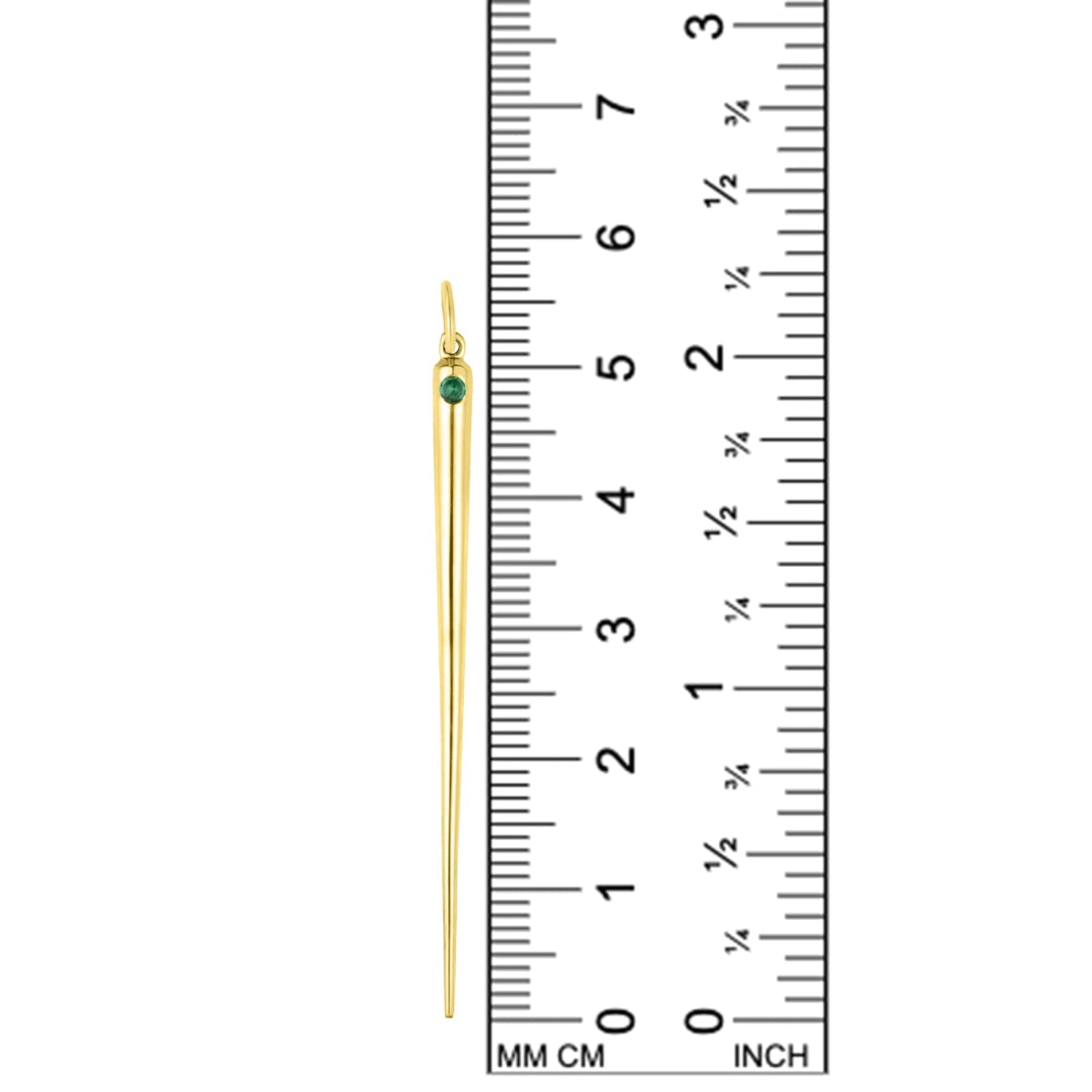 Quill Spike Charm with Emerald on a white background with ruler
