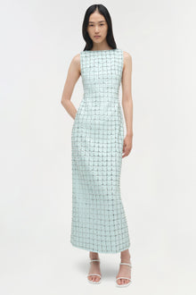 Light blue sleeveless midi dress with all-over sequin embellishments and side pockets.