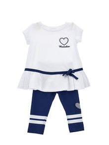 Girls | Cotton Blouse And Two-Tone Leggings Set | White/Blue