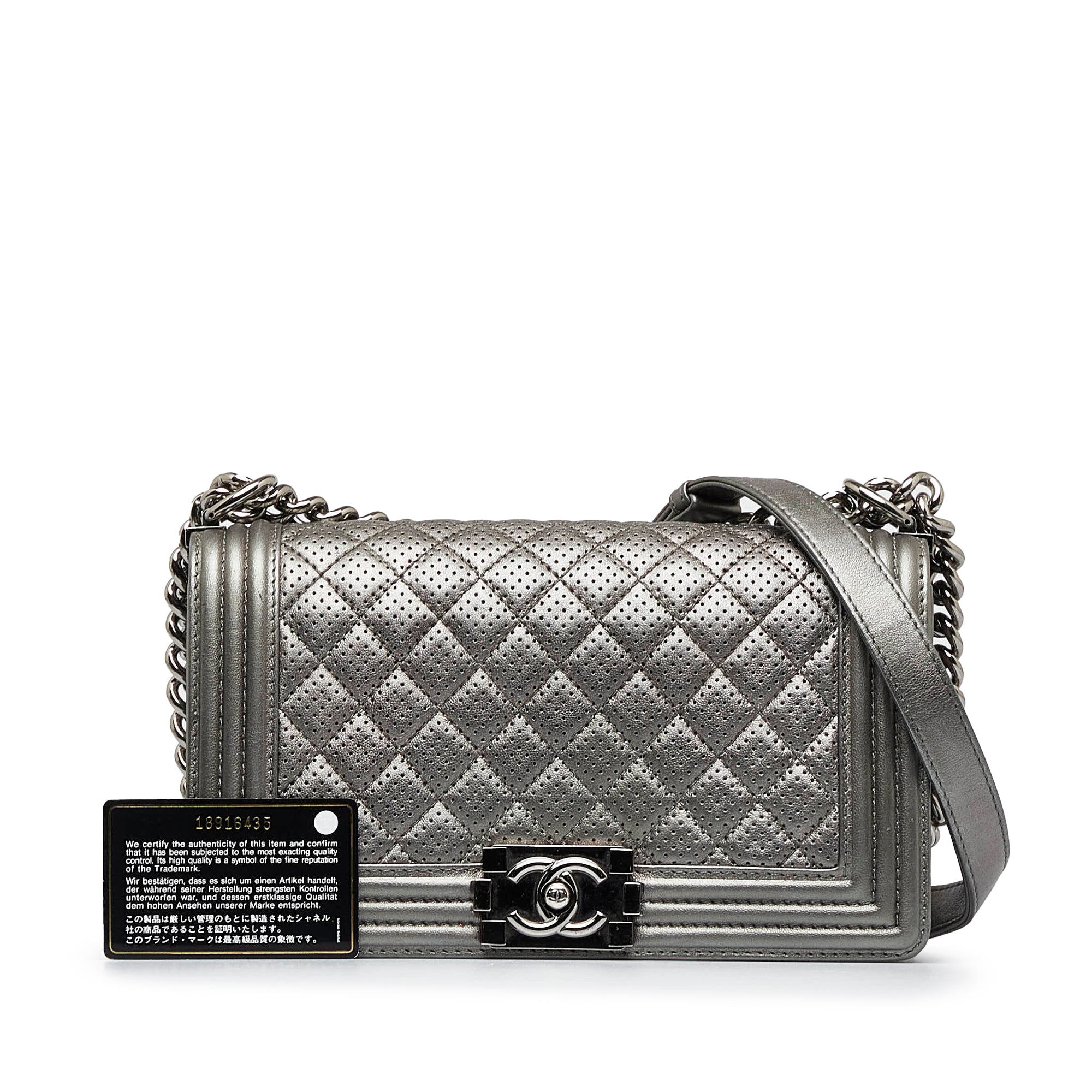 Chanel | Pre-Owned Old Medium Quilted Perforated Metallic Lambskin Boy Flap | Gray