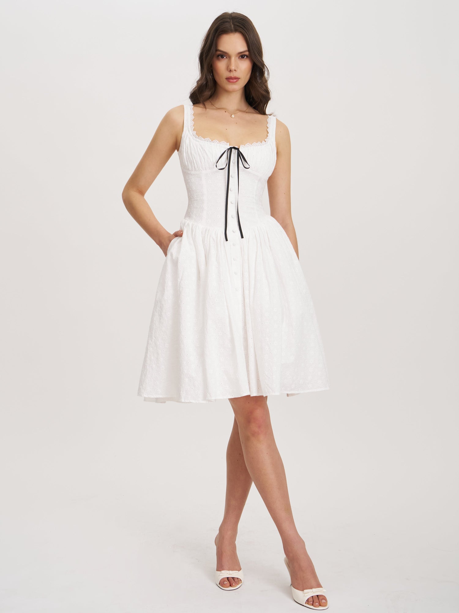 Madison Cotton Eyelet Square Neck Midi Dress | White