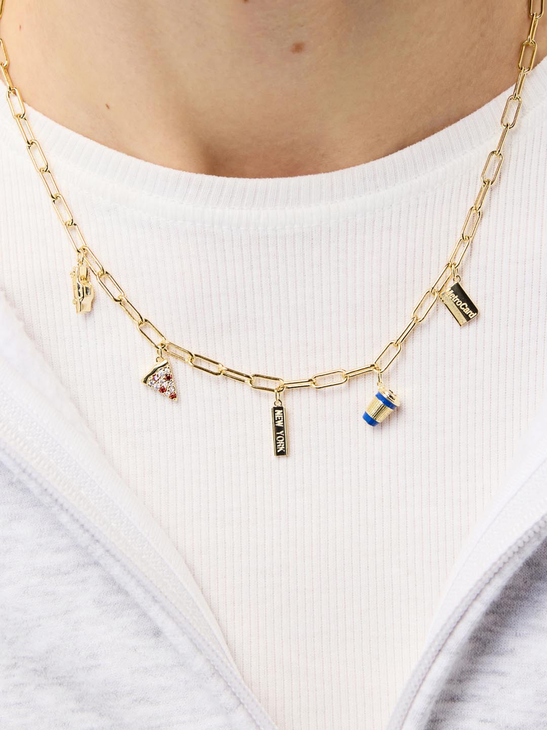 A New York Minute Charm Necklace | 14K Gold on Brass | Cubic Zirconia/Multicolor Enamel
