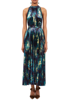 ULLA JOHNSON Amiko Print Halter Pleated Dress