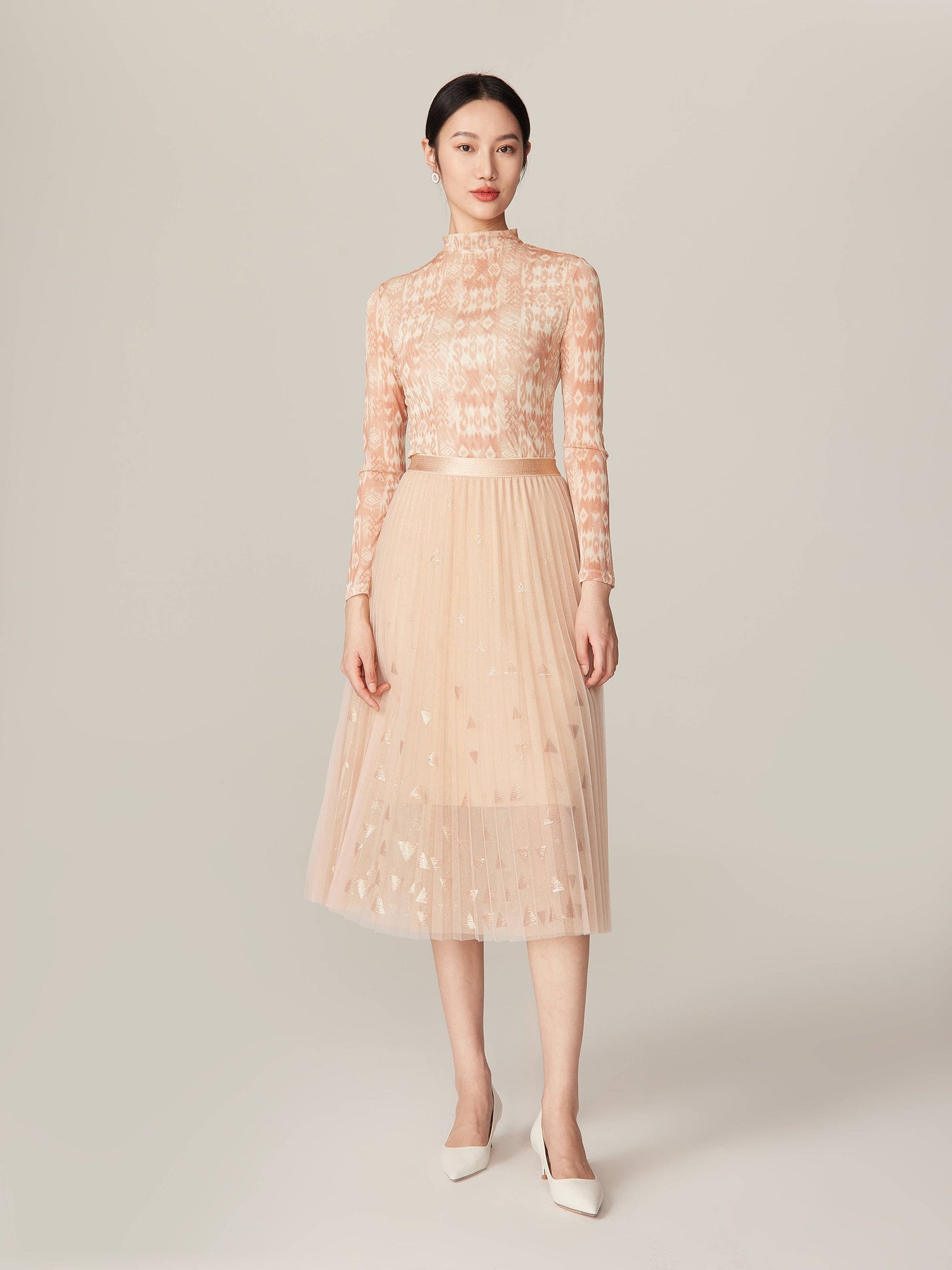Flora Embroidery Mesh Midi Skirt | Beige