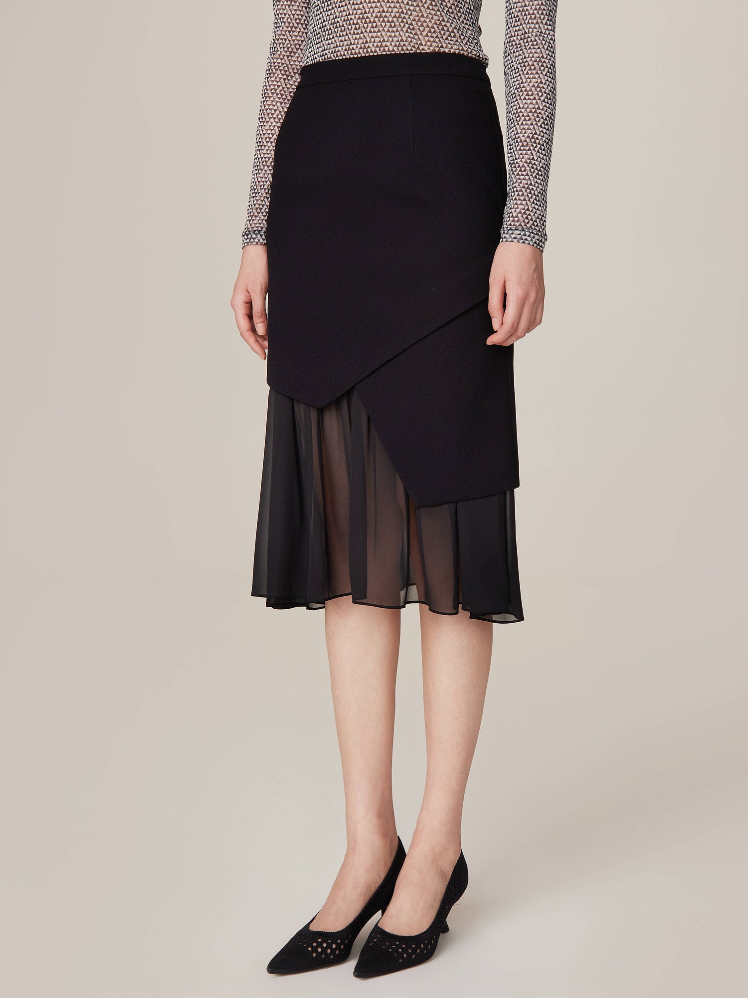 Sheer Layered Hem Midi Skirt | Black