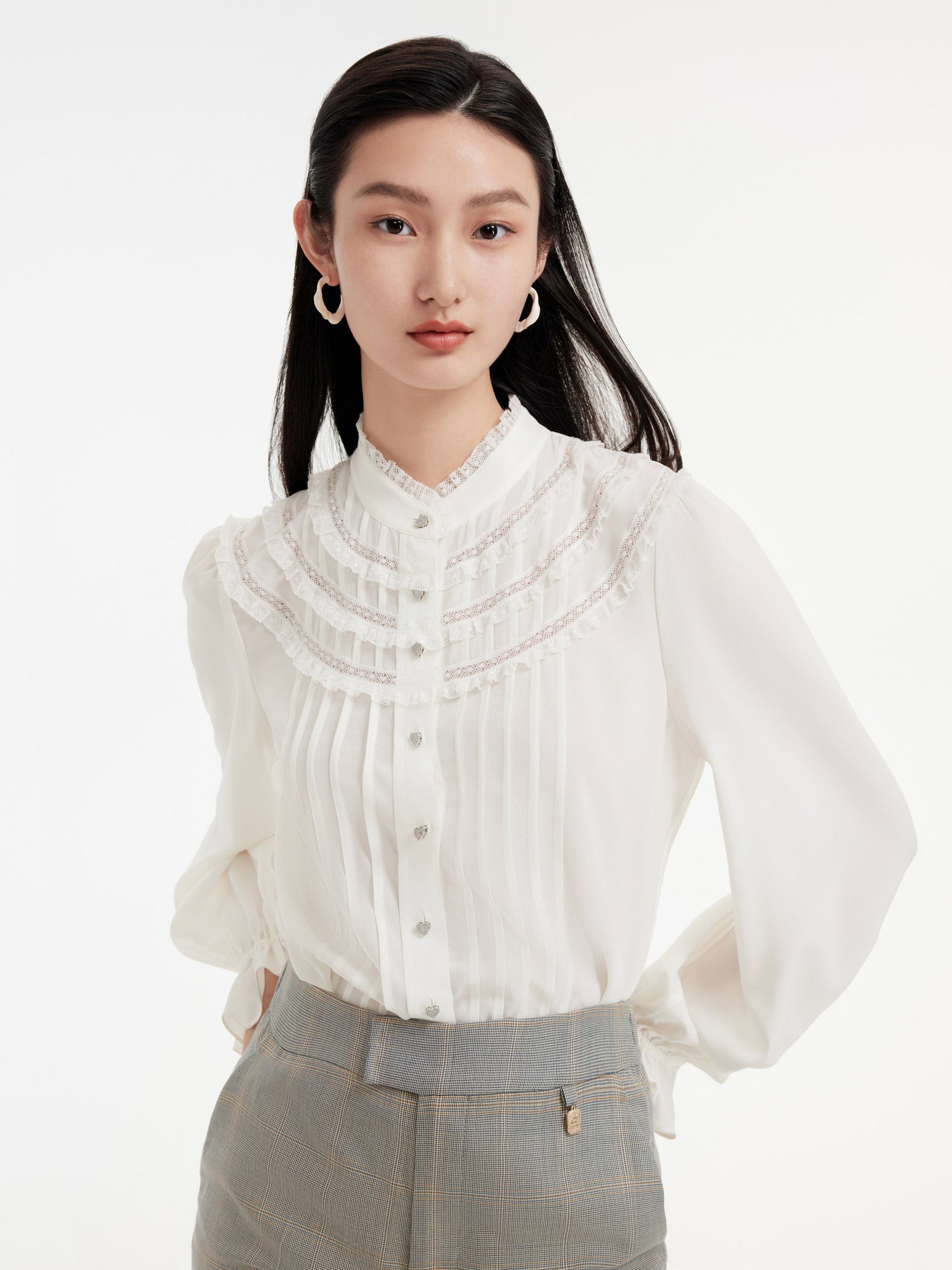 Silk Pleated Sleeve Shirt | White