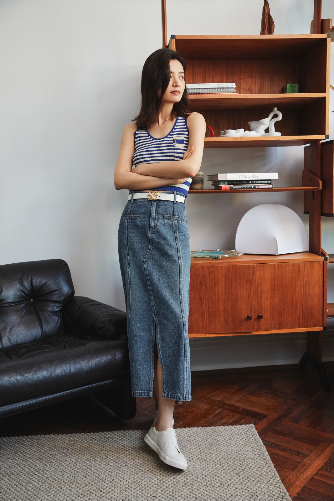 Split Cotton Midi Skirt | Blue