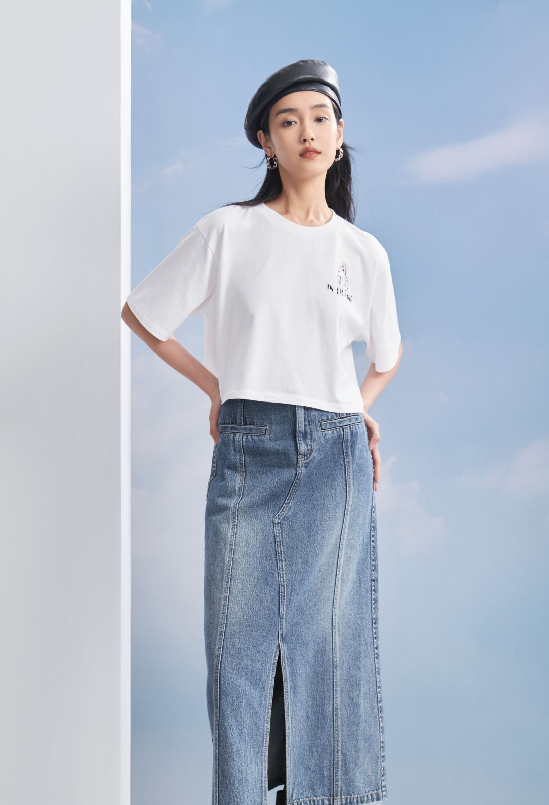 Split Cotton Midi Skirt | Blue