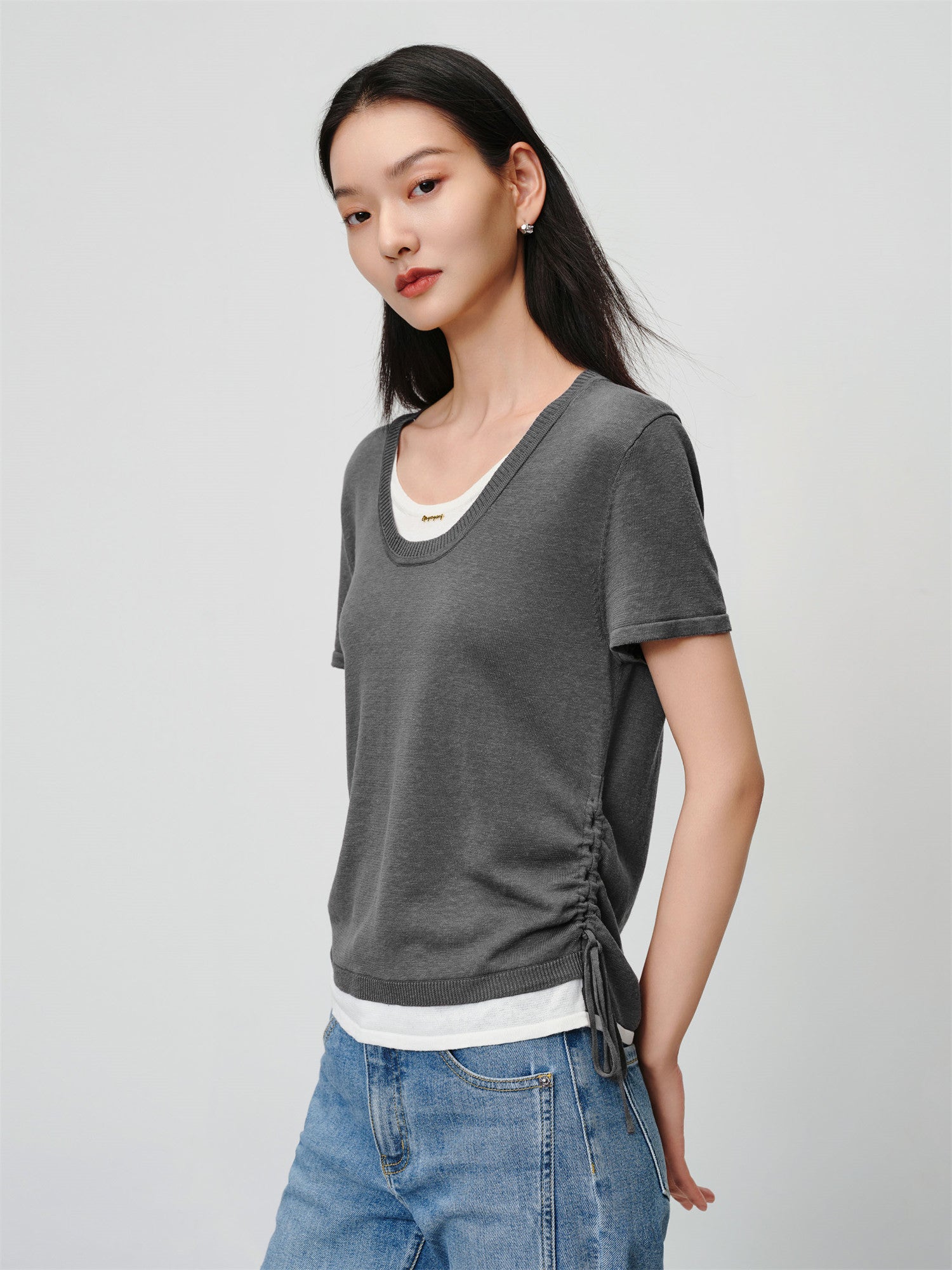 Linen Blend Crew Neck T-Shirt | Grey