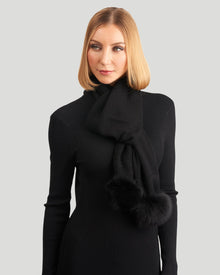 Knit Cashmere Scarf With Fox Pompom | Women | Black