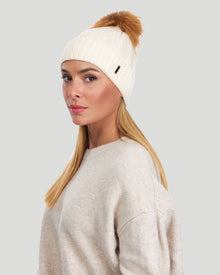 Knit Hat With Fo Pompom | Women | Ivory x Gold Fox