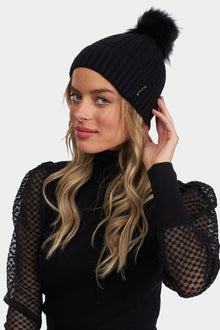 Knit Hat With Silver Fo Pompom | Women | Black x Black