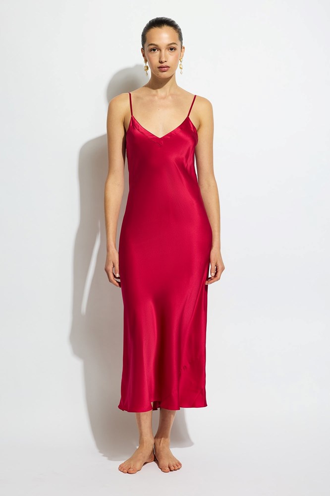 Silk Long Nite V Neck | Ruby