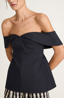 Cotton Sateen Draped Shoulder Top | Midnight
