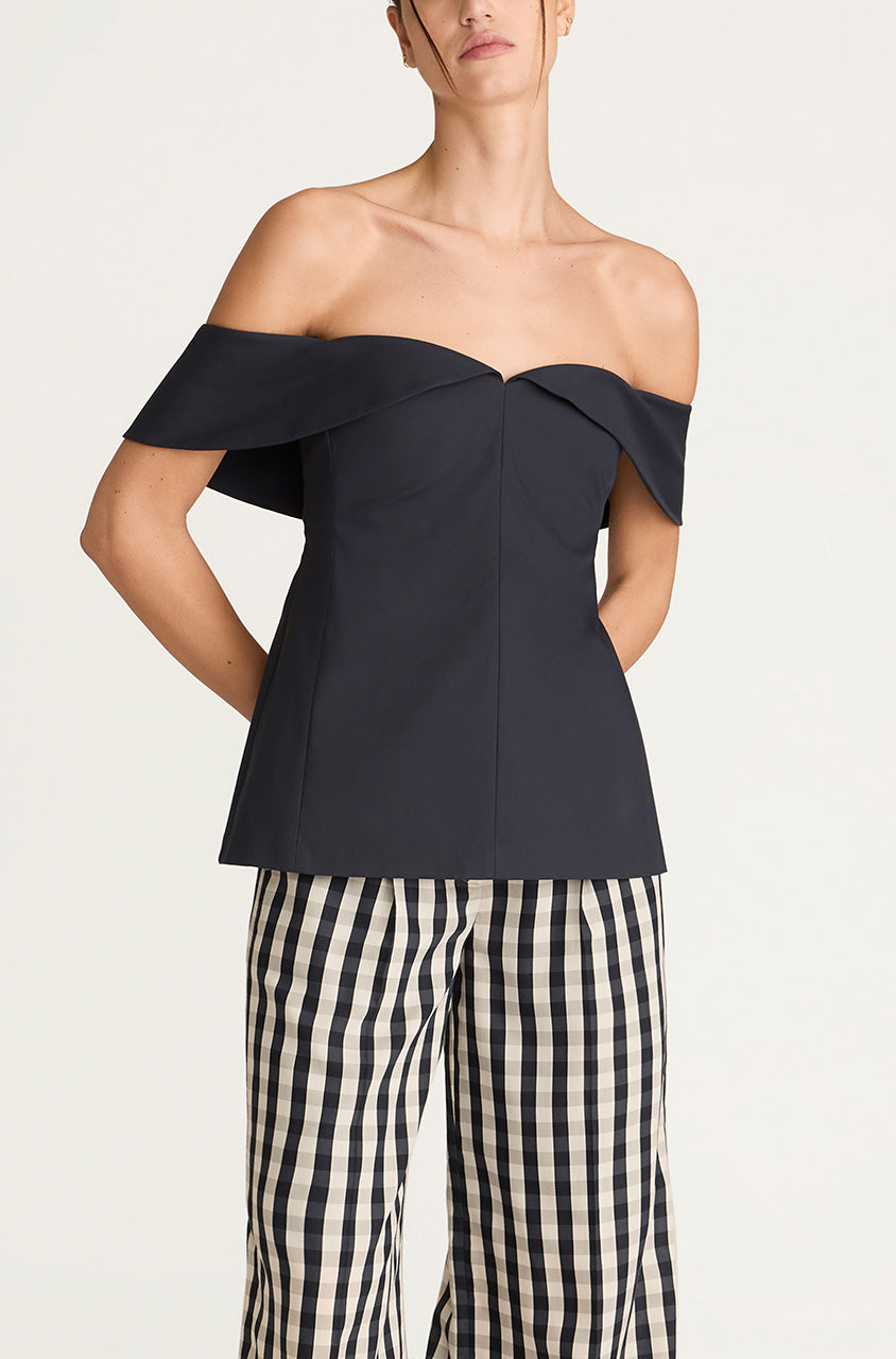 Cotton Sateen Draped Shoulder Top | Midnight