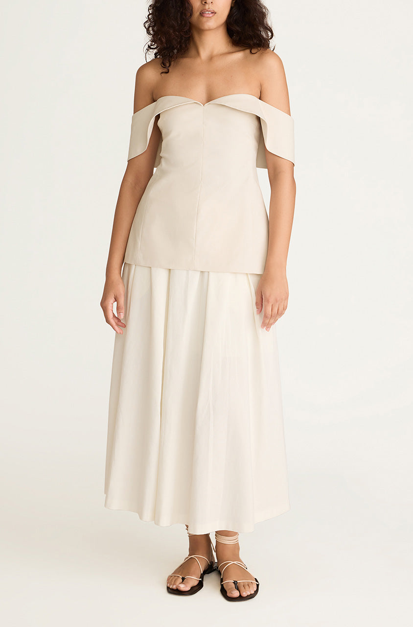 Cotton Sateen Draped Shoulder Top | Snow