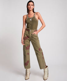 Libertines High Waist Cropped Wide Leg Denim Jeans | Khaki Hibiscus