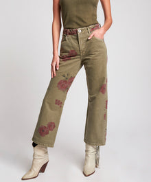 Libertines High Waist Cropped Wide Leg Denim Jeans | Khaki Hibiscus