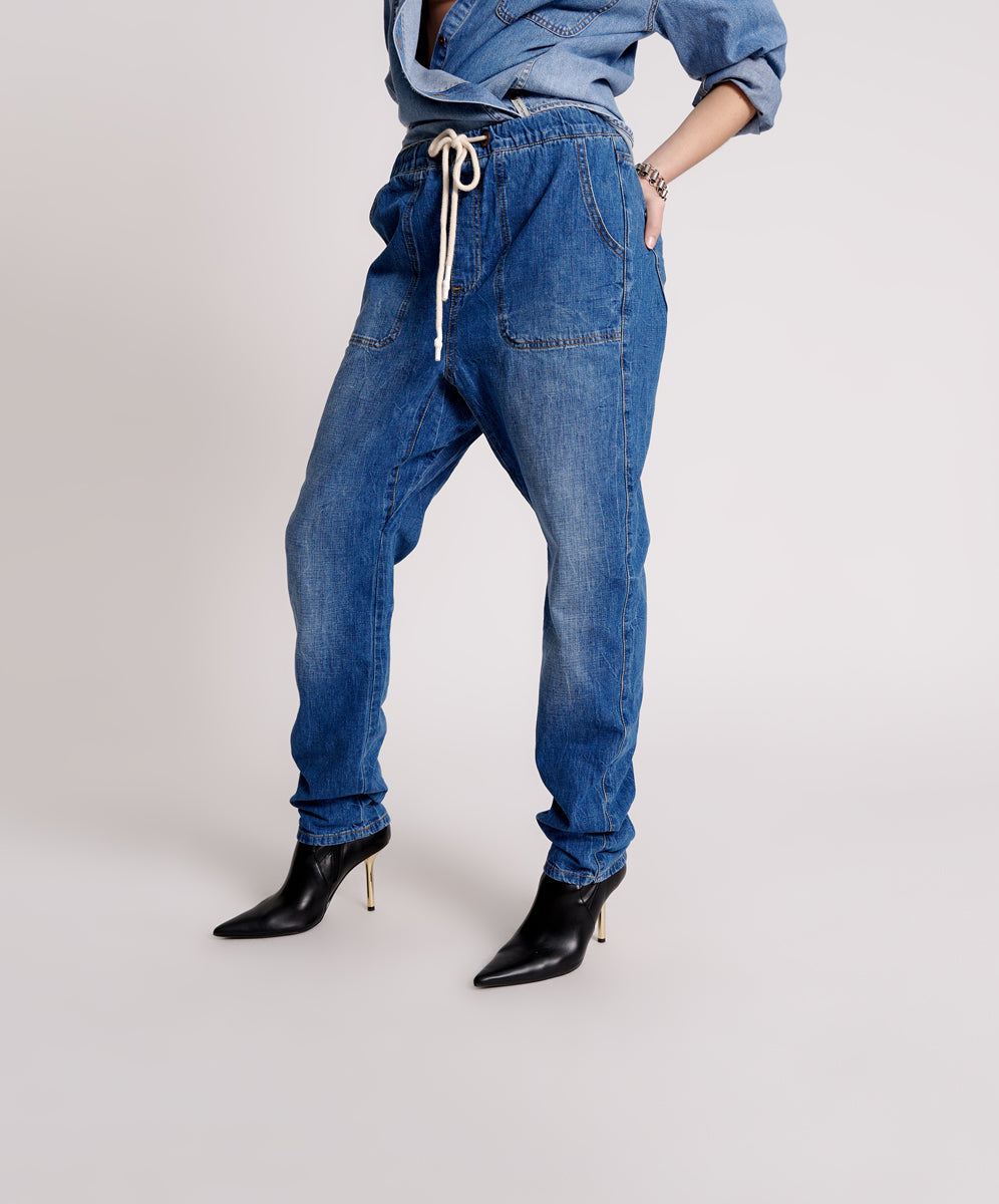 Shabbies Low Waist Drawstring Boyfriend Denim Jeans | Resort Blue