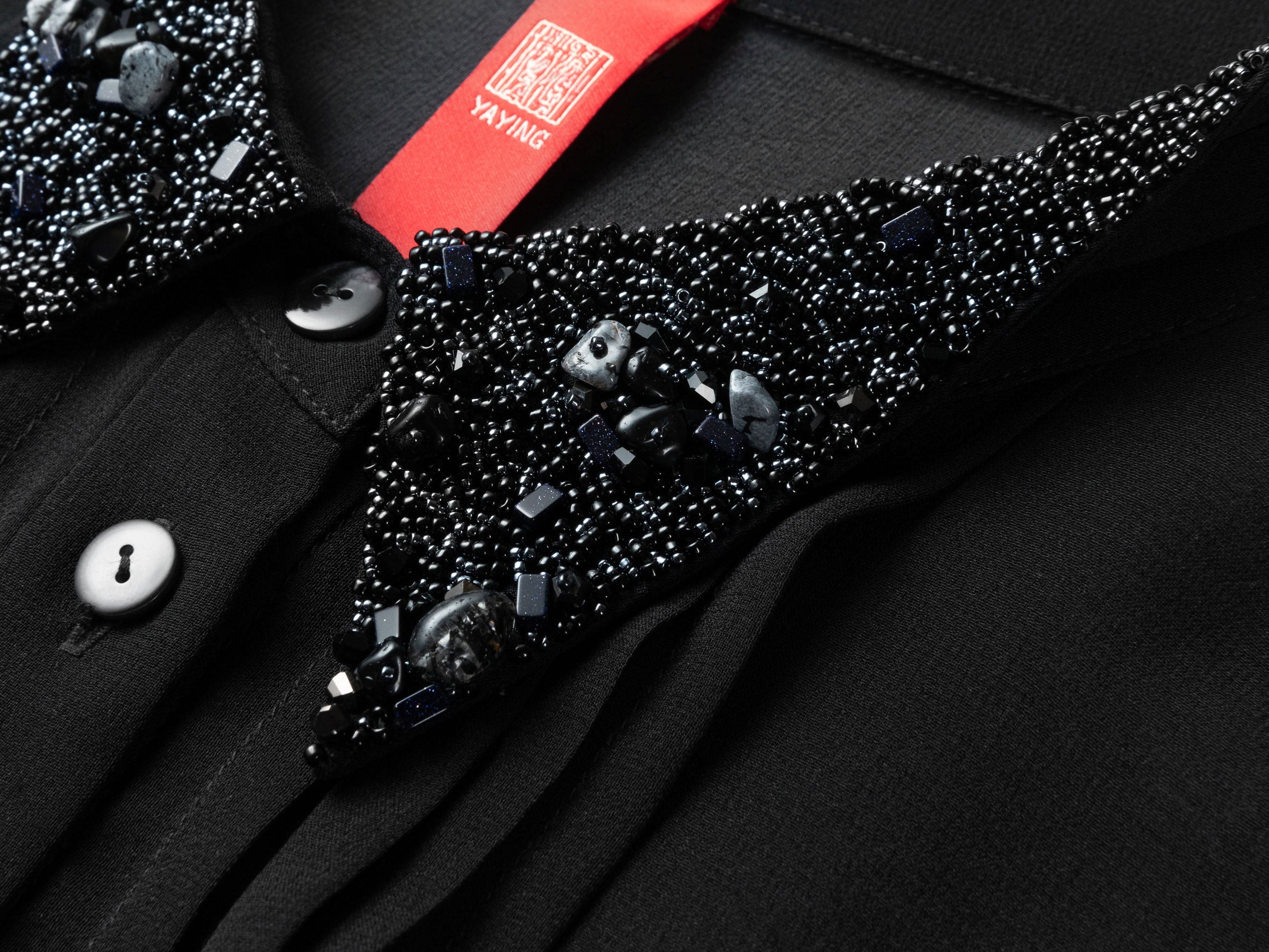 Silk Embrpoidered Collar Button-Down Shirt | Black