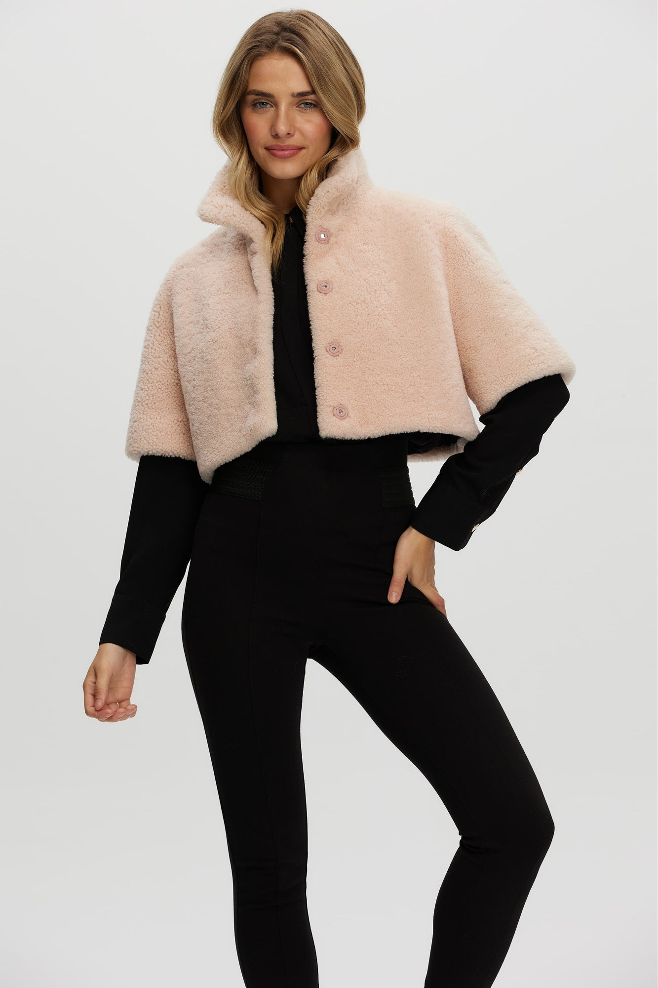 Curly Shearling Lamb Bolero, Short Sleeves | Women | Peach