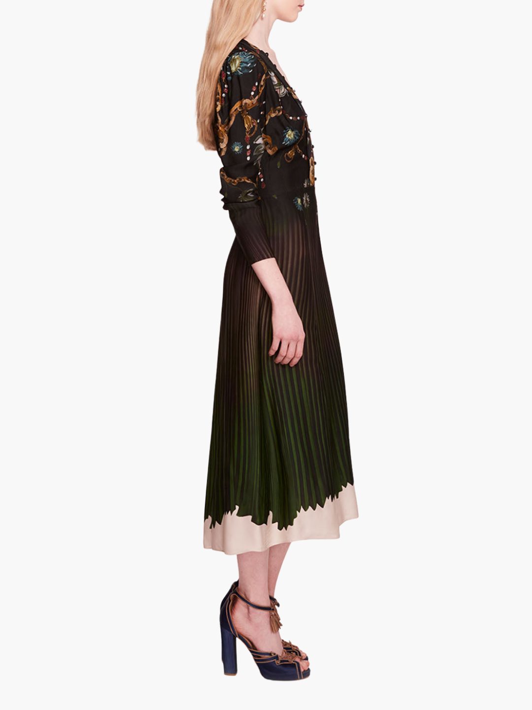 Viscose Georgette V-Neck Midi Dress | Green Multi